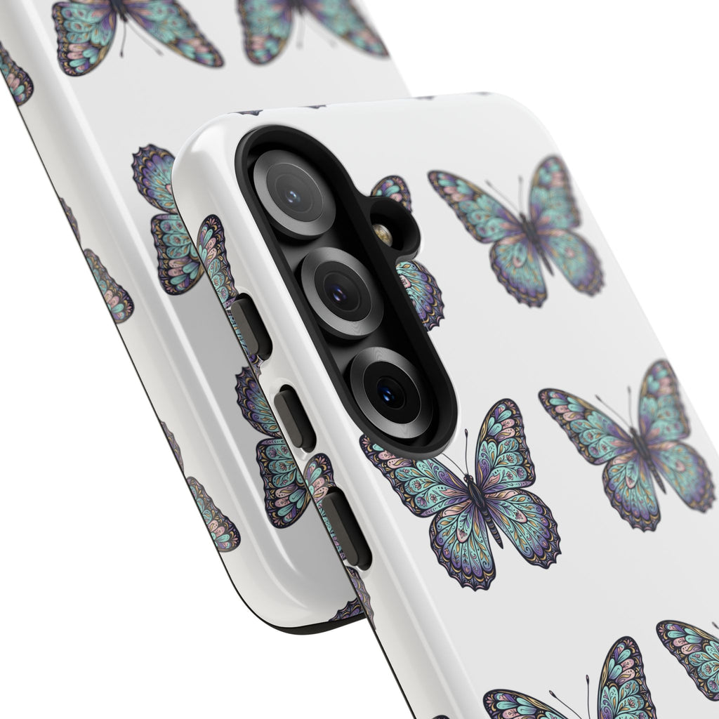 Butterfly Pattern Tough Phone Case — Vintage Teal Floral Protective Cover