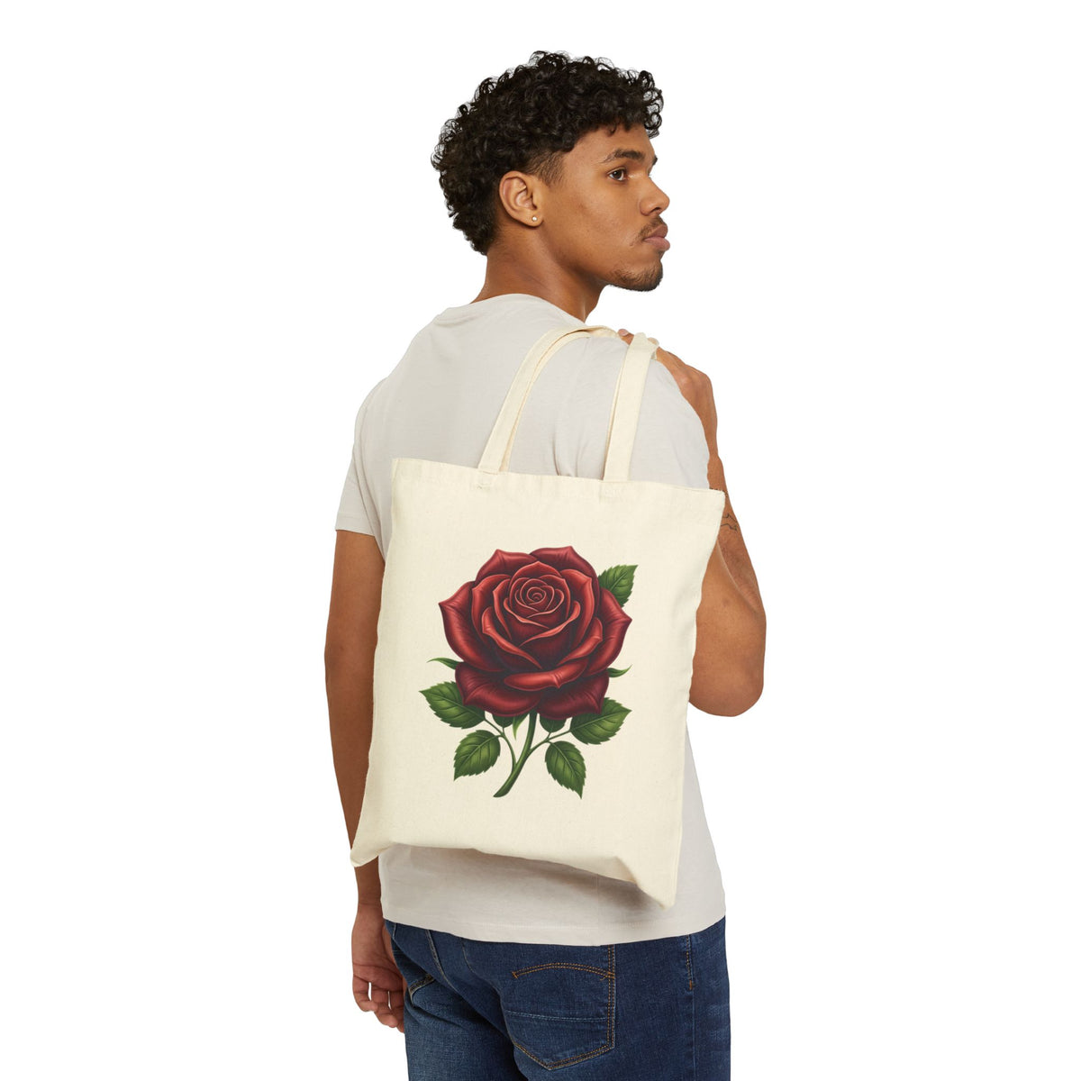 Rose Canvas Tote Bag — Vintage Red Rose Floral Grocery Shopper