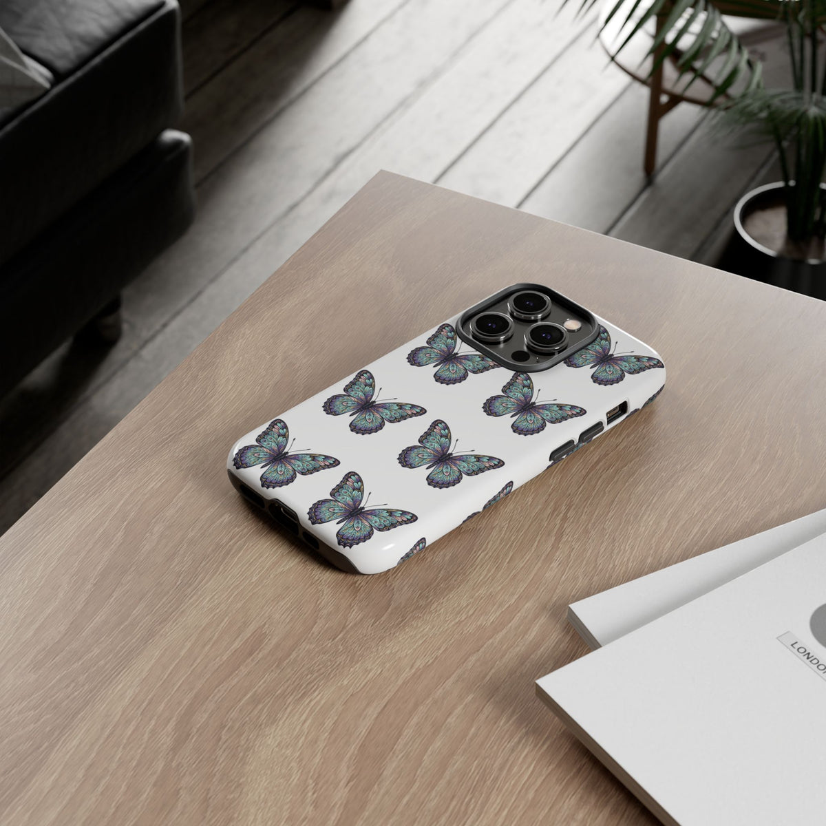 Butterfly Pattern Tough Phone Case — Vintage Teal Floral Protective Cover
