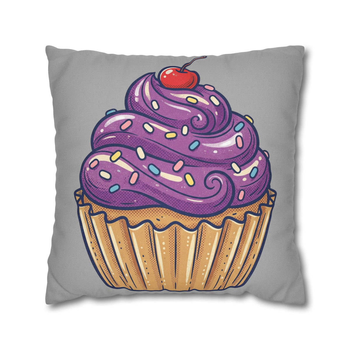 Cupcake Cushion Cover — Purple Frosting Dessert Pillowcase- Light Grey