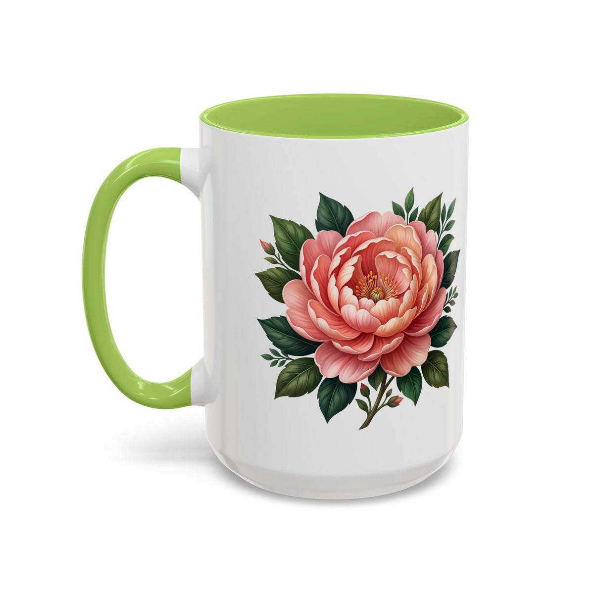 Floral Peony Accent Coffee Mug — Pink Rose Bloom Ceramic Cup