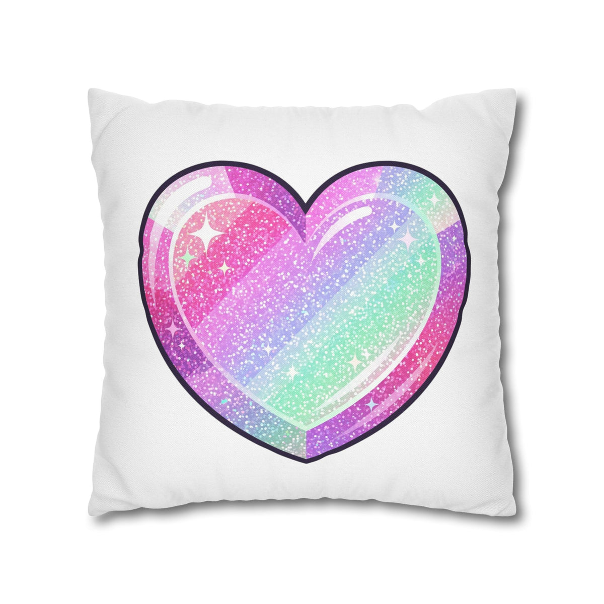 Pastel Glitter Heart Pillowcase — Cute Rainbow Sparkle Decorative Throw Pillow- White