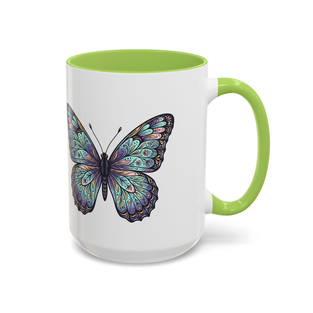 Butterfly Accent Coffee Mug — Teal Mandala Wing Design (11/15oz)