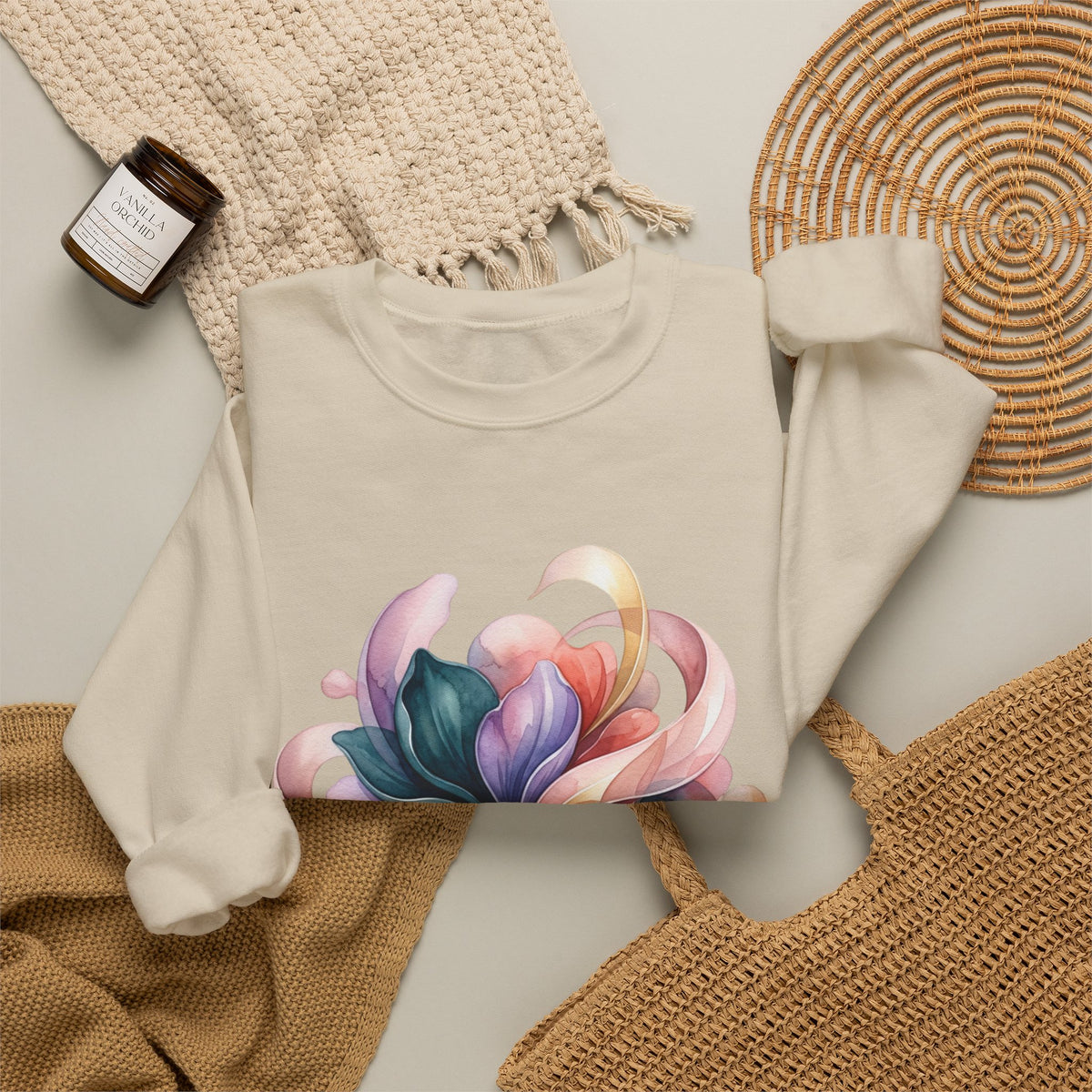 Abstract Floral Crewneck Sweatshirt — Pastel Swirl Art Pullover