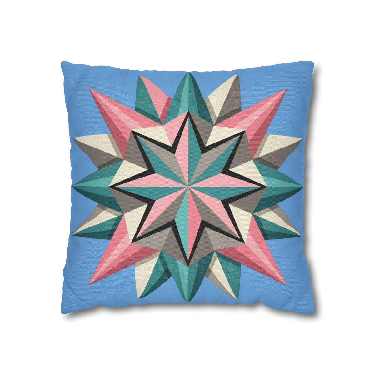 Geometric Starburst Throw Pillowcase – Pastel Compass Design on Sky Blue