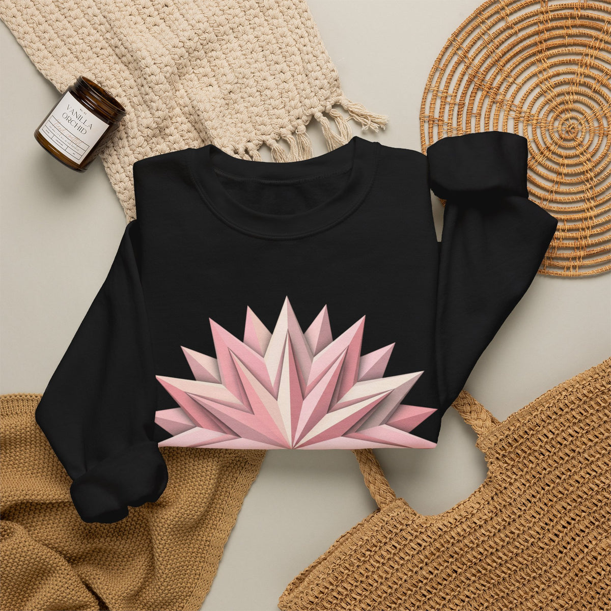 Starburst Polygon Crewneck Sweatshirt — Pink Geometric Floral Graphic