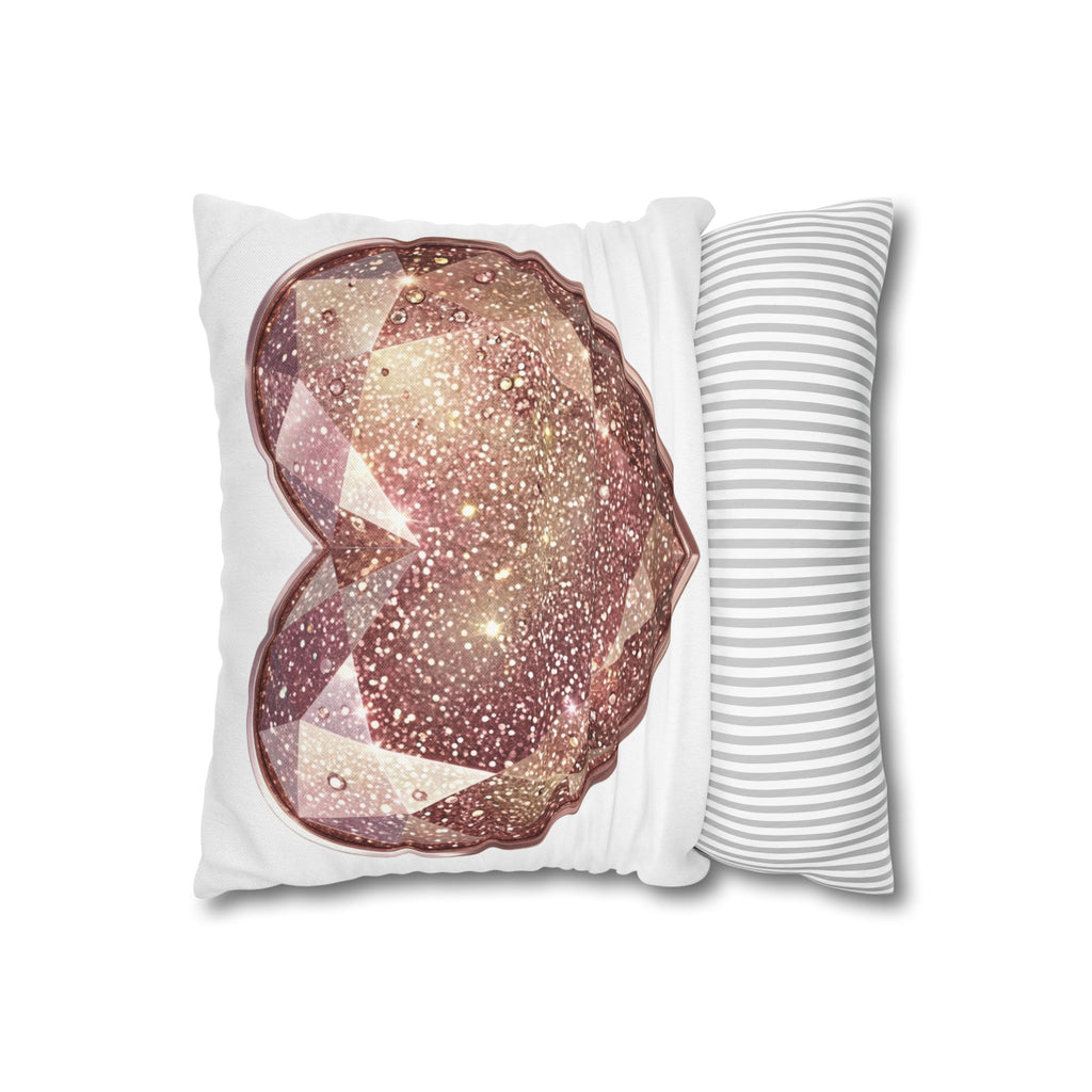 Glitter Rose Gold Gem Heart Pillowcase — Sparkling Decorative Cushion Cover- White