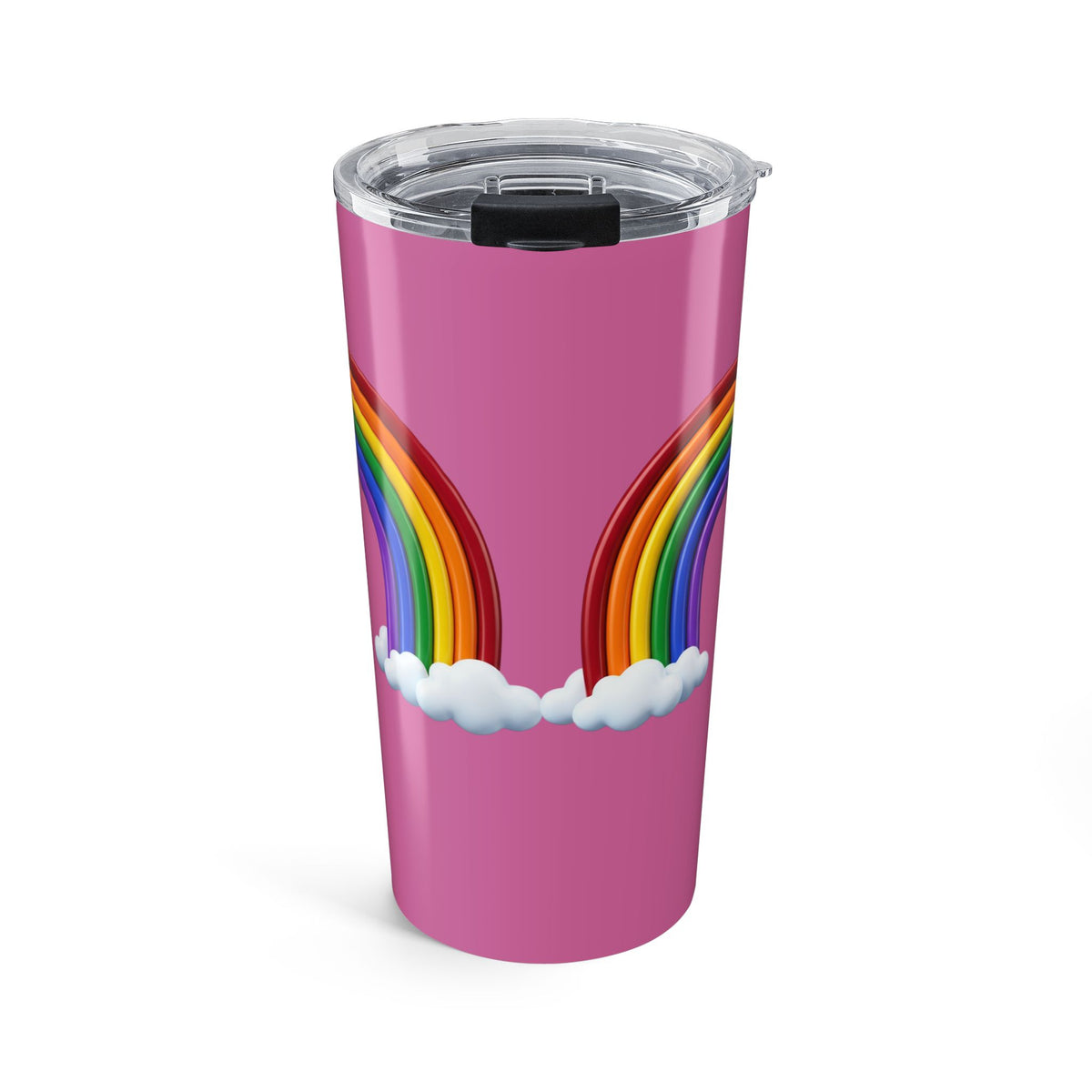 Pink Rainbow Tumbler 20oz — Insulated Travel Cup with Clouds