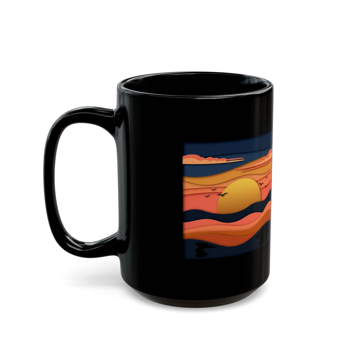 Sunset Waves Black Mug — Retro Ocean Sunrise Coffee Cup (11oz & 15oz)