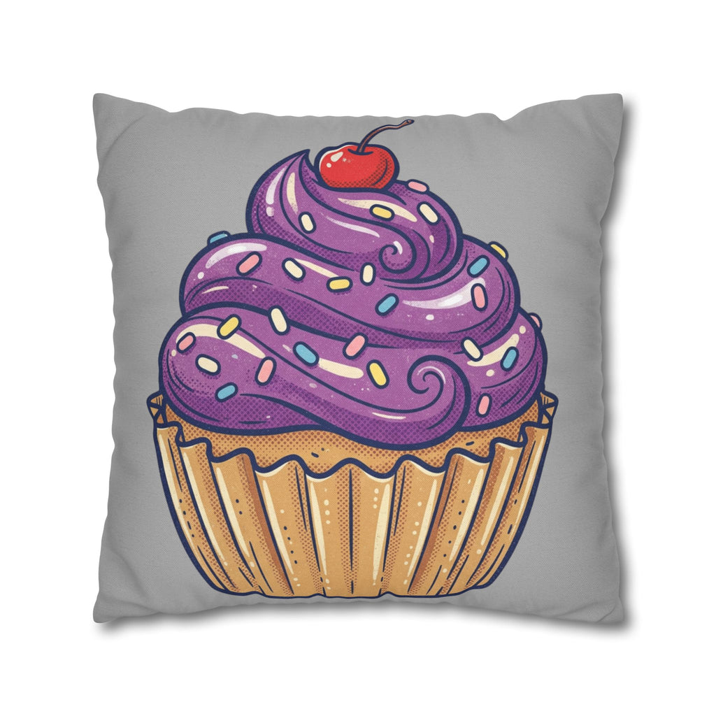 Cupcake Cushion Cover — Purple Frosting Dessert Pillowcase- Light Grey