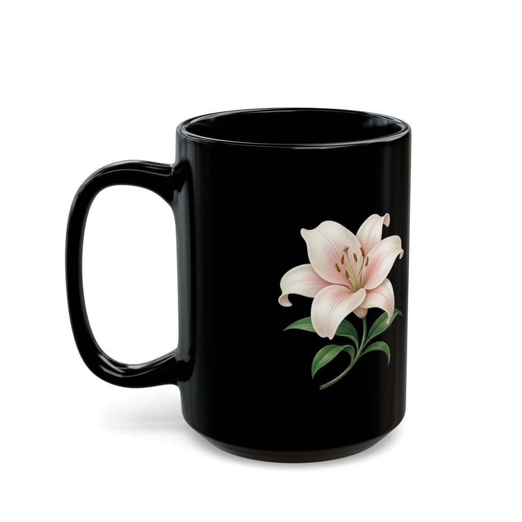 Black Floral Lily Mug — Elegant Pink Lily Coffee Cup (11oz & 15oz)