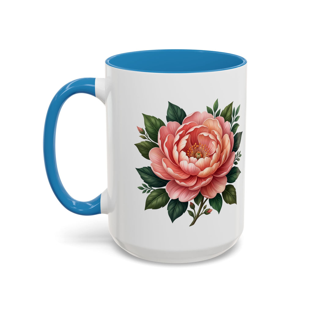 Floral Peony Accent Coffee Mug — Pink Rose Bloom Ceramic Cup