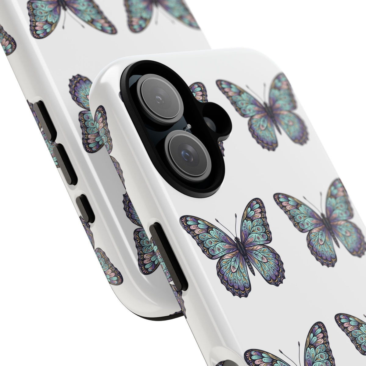 Butterfly Pattern Tough Phone Case — Vintage Teal Floral Protective Cover