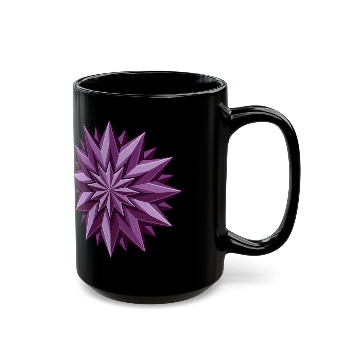 Purple Geometric Starburst Black Mug — 11oz & 15oz Ceramic Coffee Cup