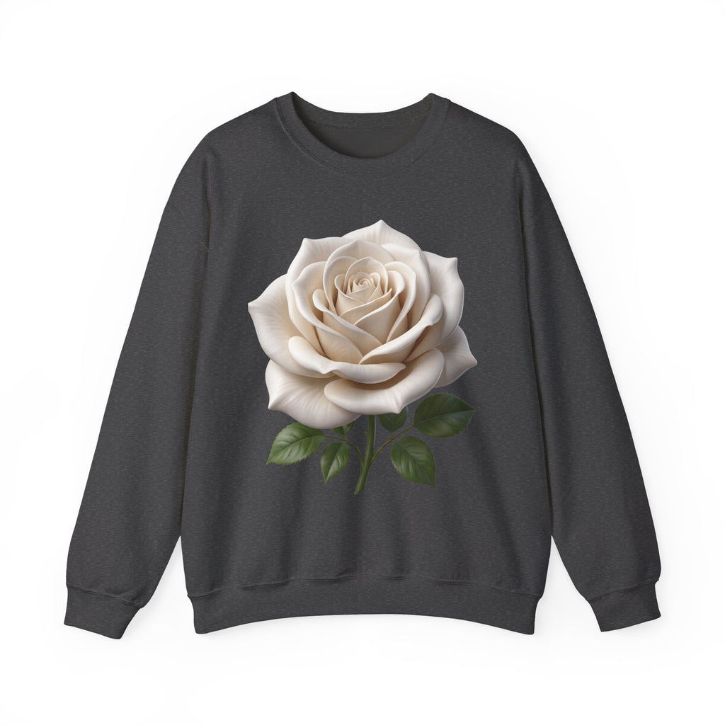White Rose Crewneck Sweatshirt — Elegant Botanical Floral Pullover