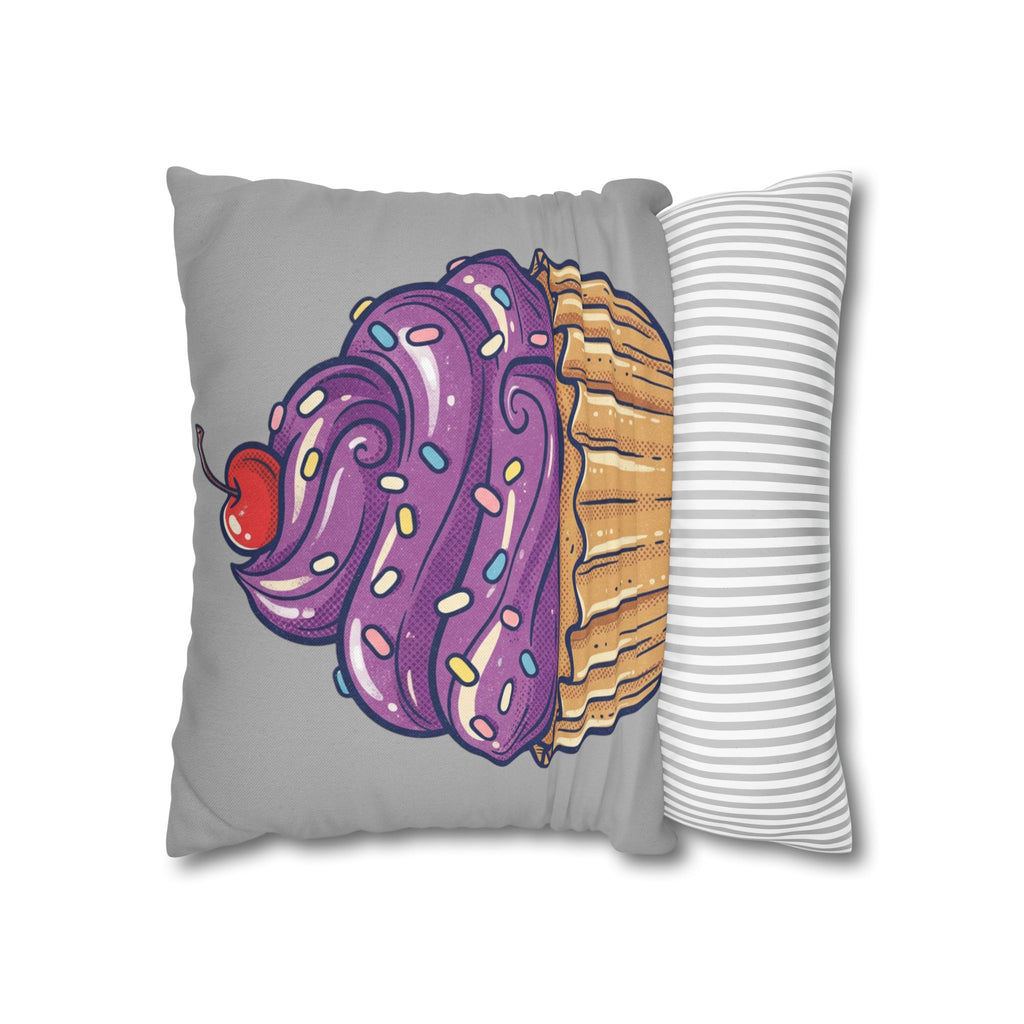 Cupcake Cushion Cover — Purple Frosting Dessert Pillowcase- Light Grey