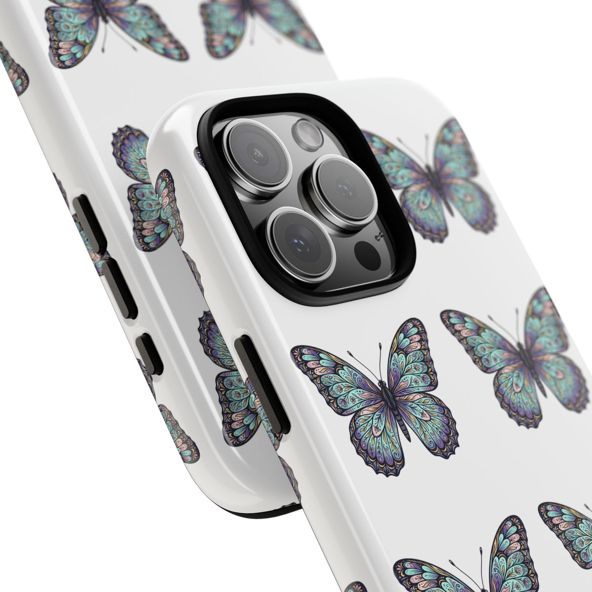 Butterfly Pattern Tough Phone Case — Vintage Teal Floral Protective Cover