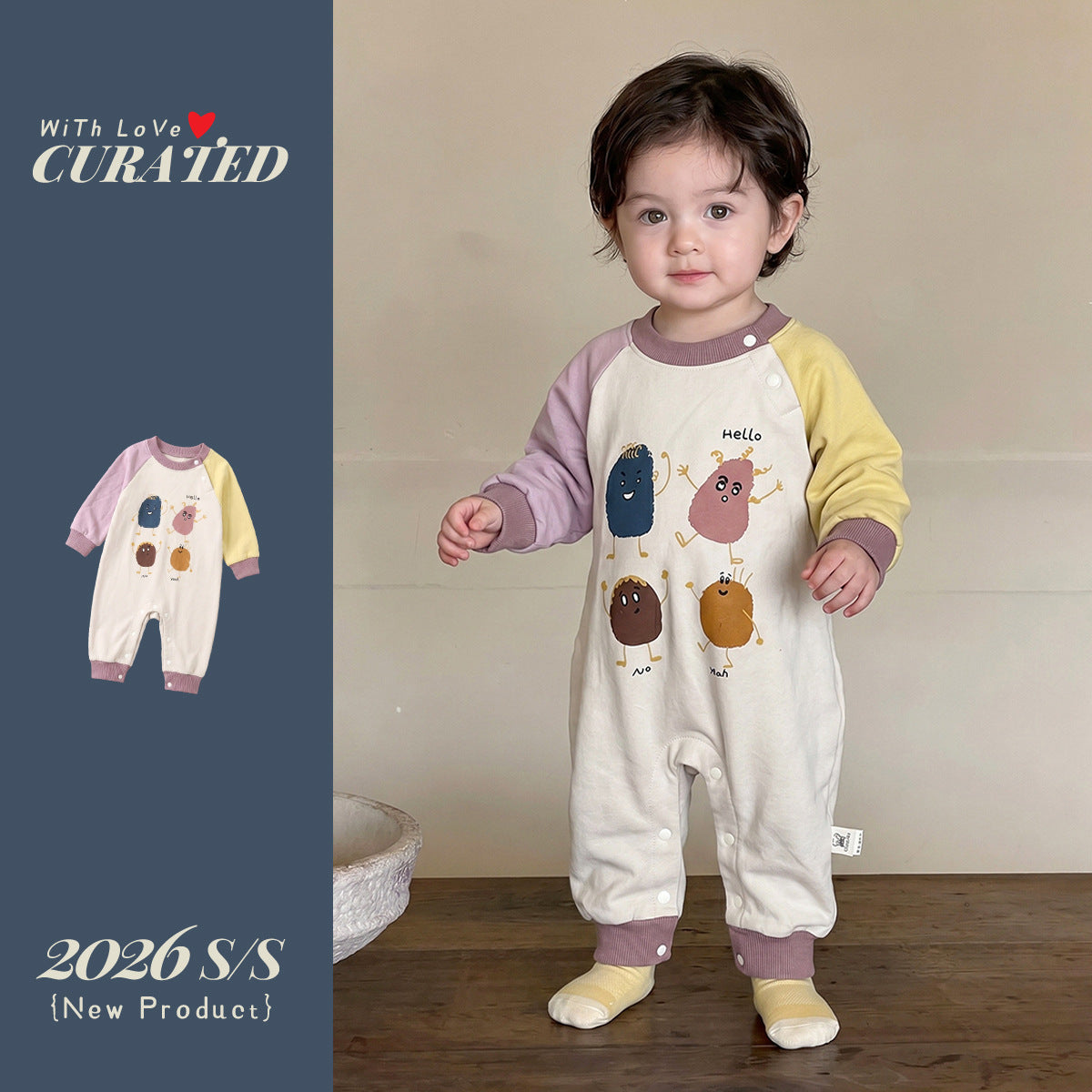Long Sleeve Romper Color-blocked Boy Baby Cartoon Print Bodysuit Newborn Outerwear One-piece Clothing