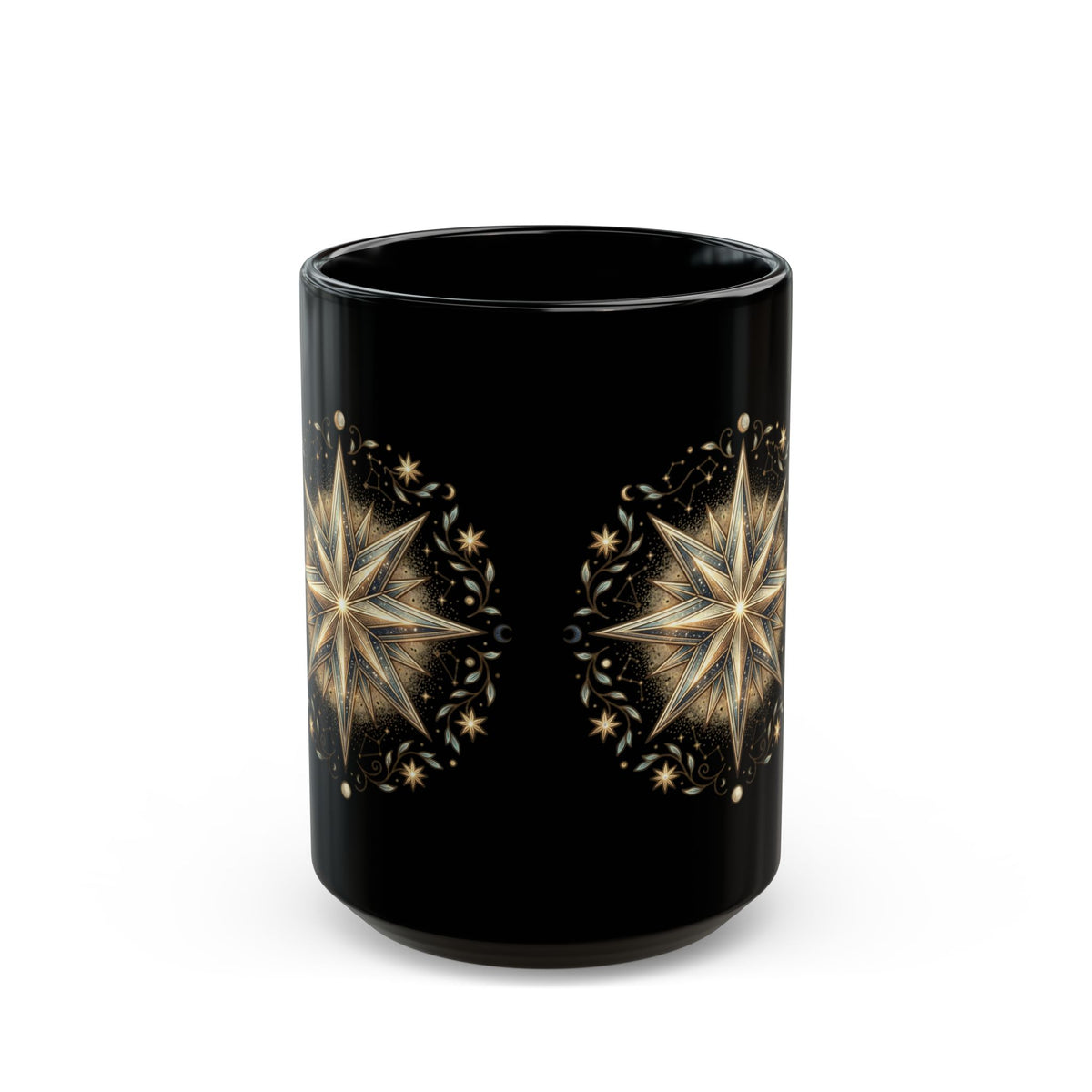 Black Ceramic Mug — Gold Nautical Compass Star Design (11oz/15oz)