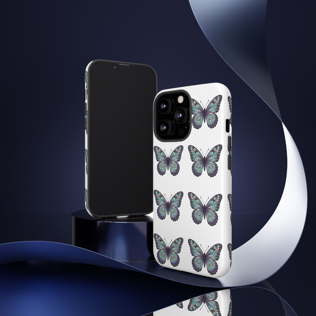 Butterfly Pattern Tough Phone Case — Vintage Teal Floral Protective Cover
