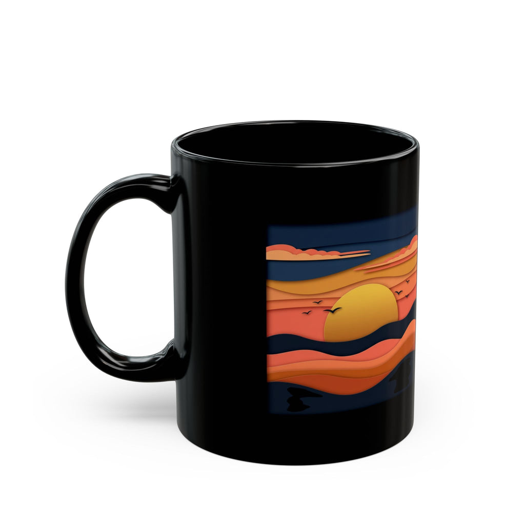 Sunset Waves Black Mug — Retro Ocean Sunrise Coffee Cup (11oz & 15oz)