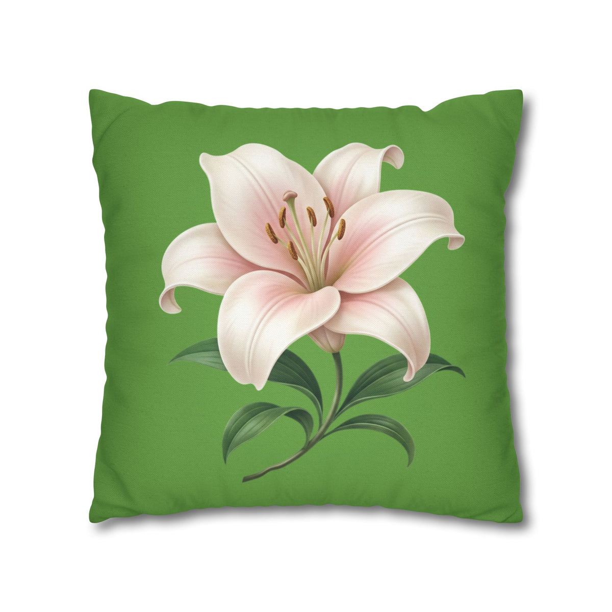 Pink Lily Floral Pillowcase — Green Square Decorative Pillow Cover