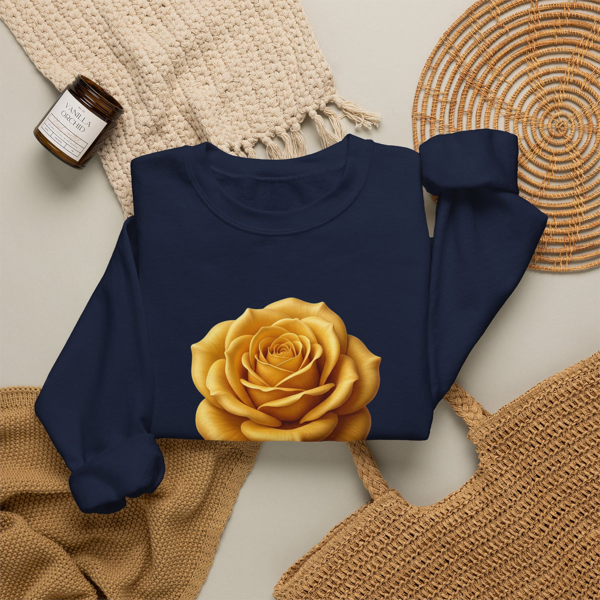 Yellow Rose Crewneck Sweatshirt — Vintage Floral Graphic
