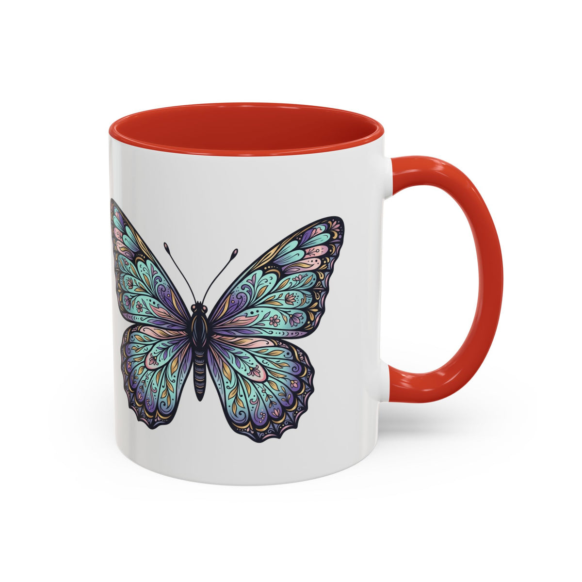 Butterfly Accent Coffee Mug — Teal Mandala Wing Design (11/15oz)
