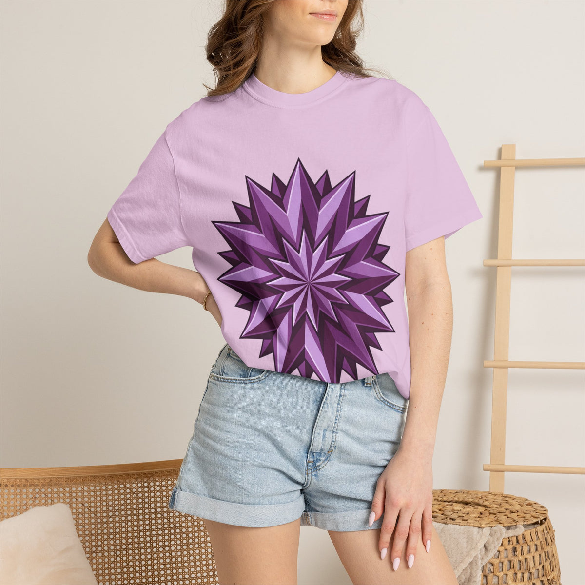 Purple Geometric Starburst T-Shirt — Bold 3D Floral Graphic Tee