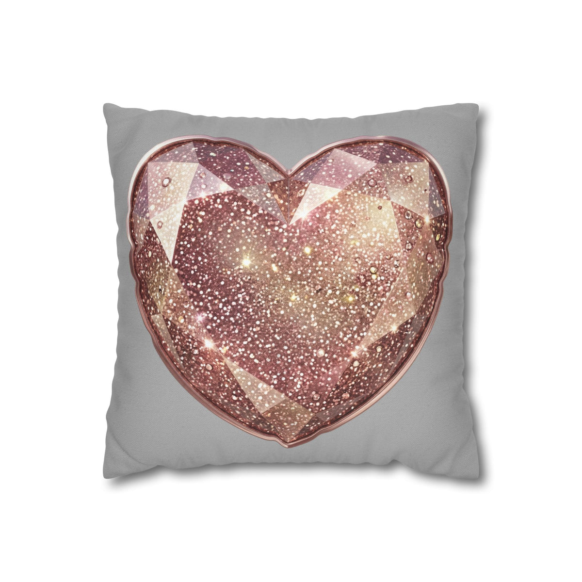 Rose Gold Gem Heart Pillowcase — Sparkling Decorative Throw Pillow Cover- Light Grey