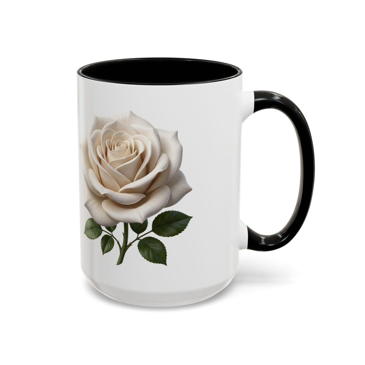 White Rose Accent Coffee Mug — Elegant Floral 11/15oz Ceramic