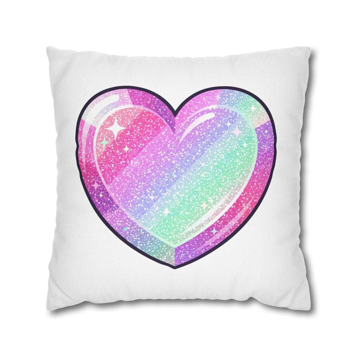 Pastel Glitter Heart Pillowcase — Cute Rainbow Sparkle Decorative Throw Pillow- White