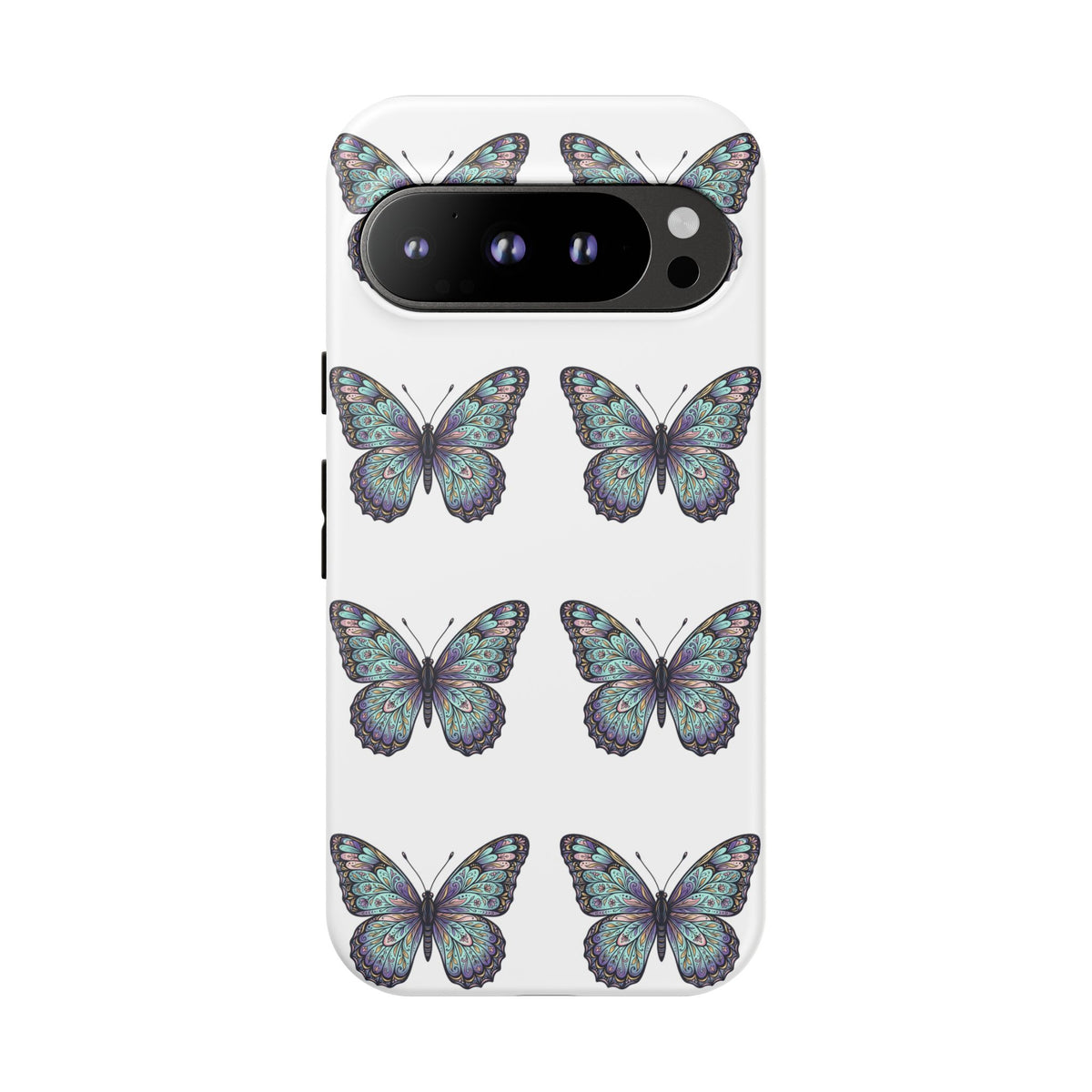 Butterfly Pattern Tough Phone Case — Vintage Teal Floral Protective Cover