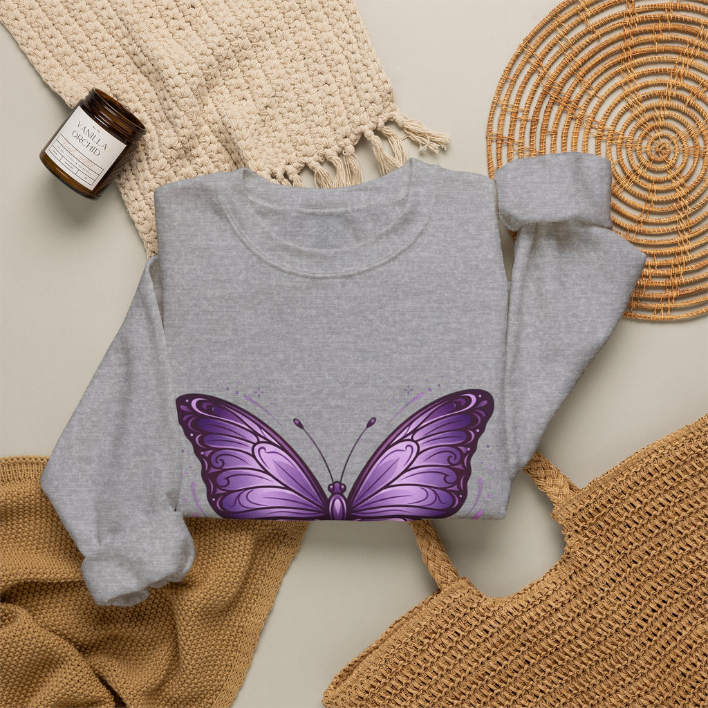 Purple Butterfly Crewneck Sweatshirt — Vibrant Graphic Butterfly Pullover
