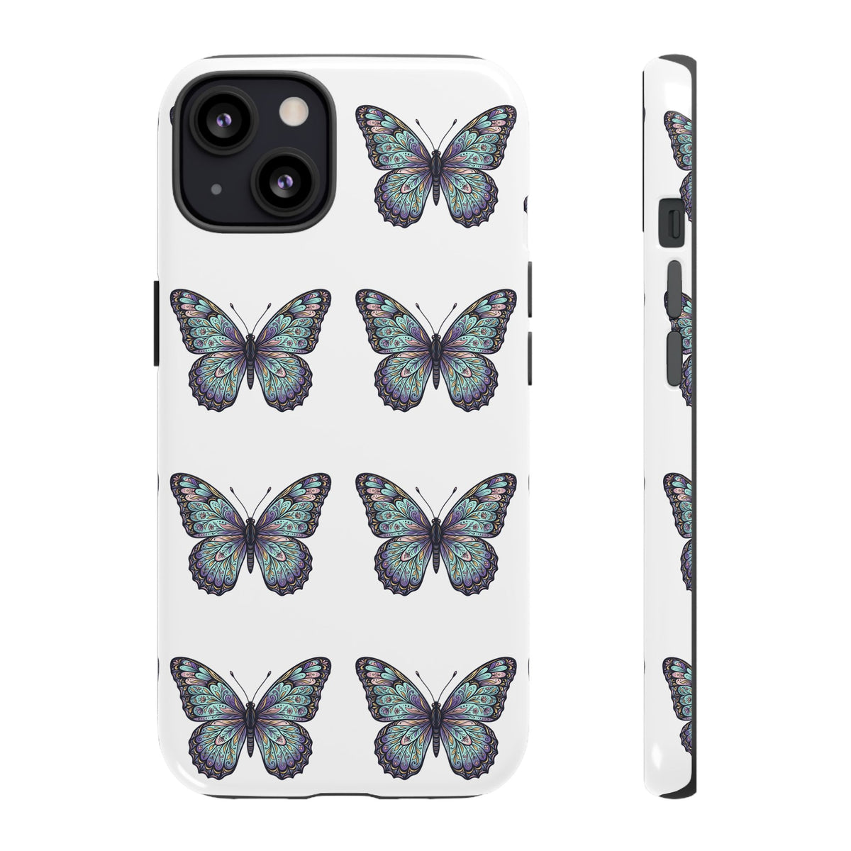 Butterfly Pattern Tough Phone Case — Vintage Teal Floral Protective Cover