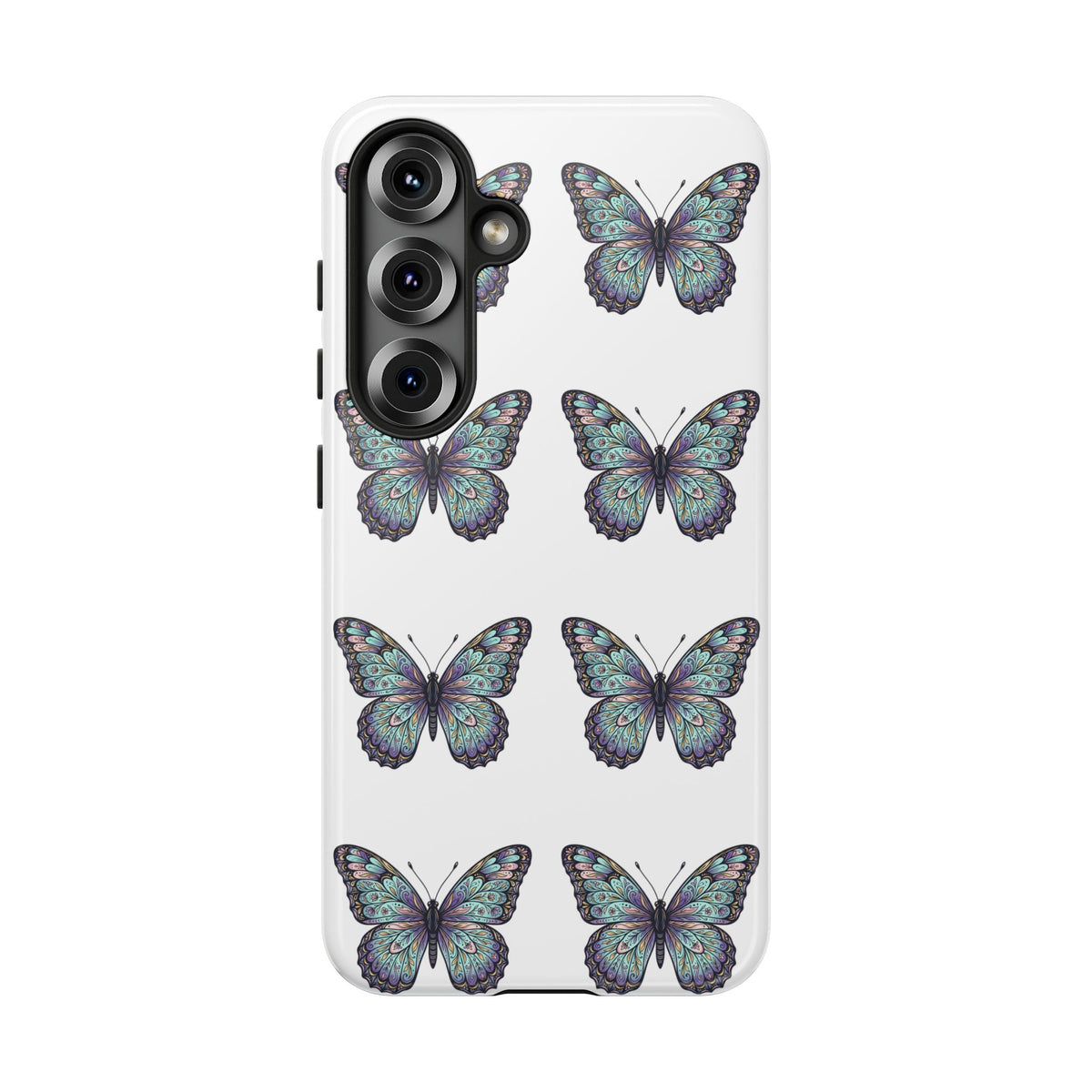 Butterfly Pattern Tough Phone Case — Vintage Teal Floral Protective Cover