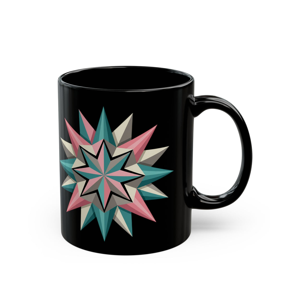 Geometric Starburst Black Coffee Mug — Retro Teal & Pink 11oz/15oz