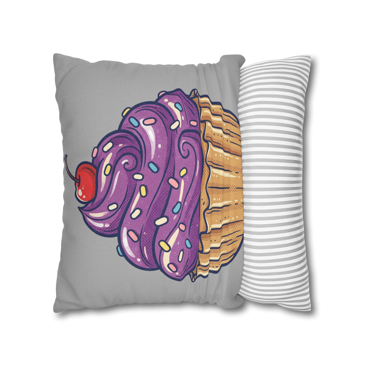 Cupcake Cushion Cover — Purple Frosting Dessert Pillowcase- Light Grey