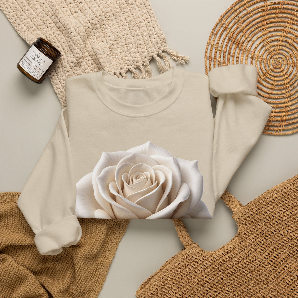 White Rose Crewneck Sweatshirt — Elegant Botanical Floral Pullover