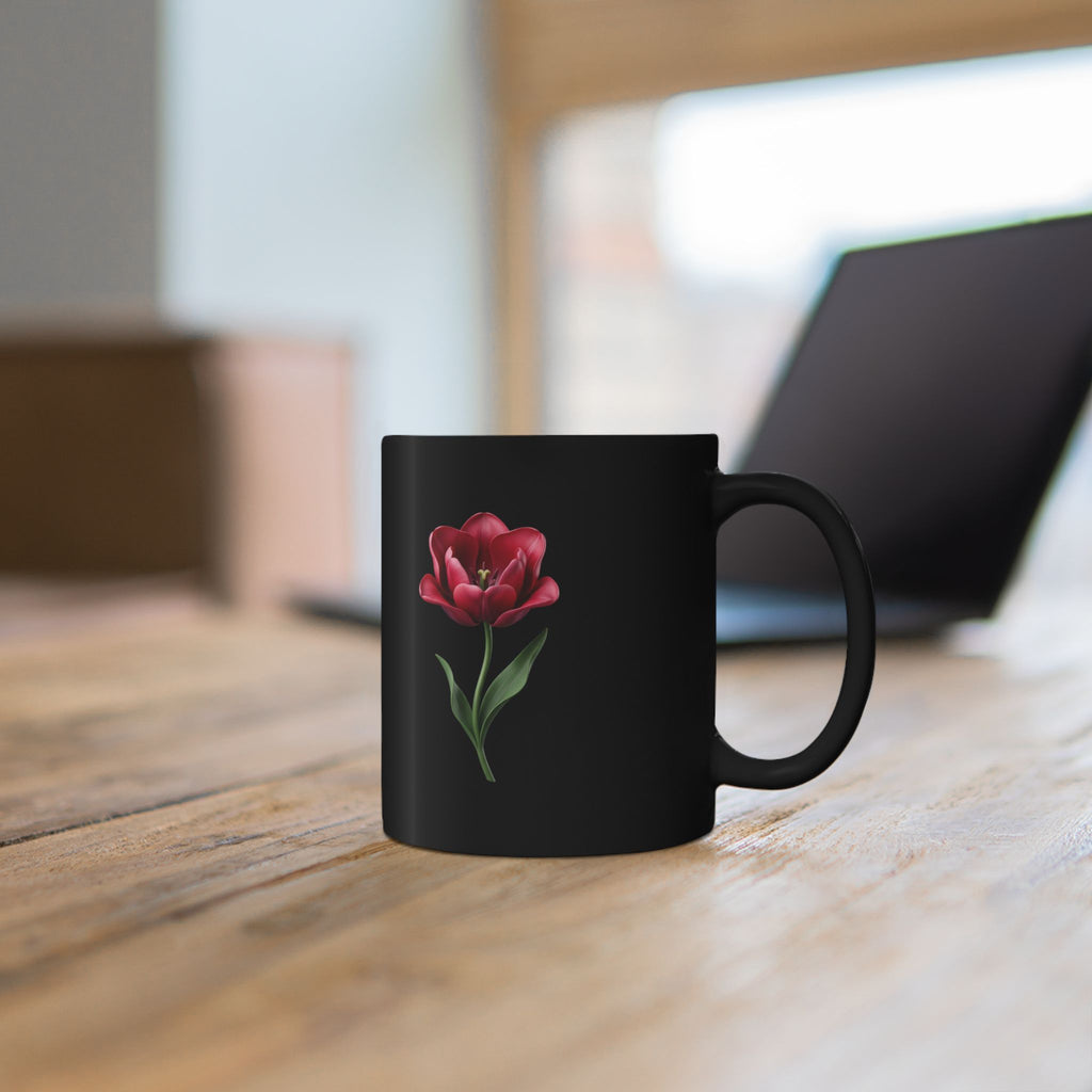 Black Floral Mug — Red Tulip Ceramic Coffee Cup (11oz & 15oz)