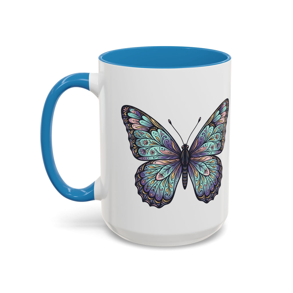 Butterfly Accent Coffee Mug — Teal Mandala Wing Design (11/15oz)