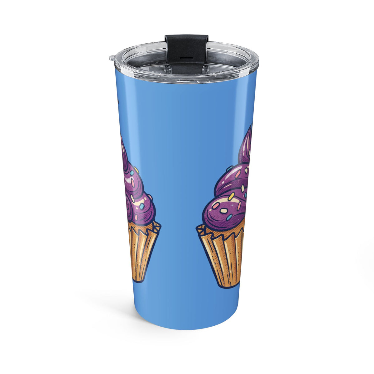 20oz Cup Tumbler Light Blue with Purple Cupcake Design — Insulated Travel Mug for Bakers & Dessert Lovers