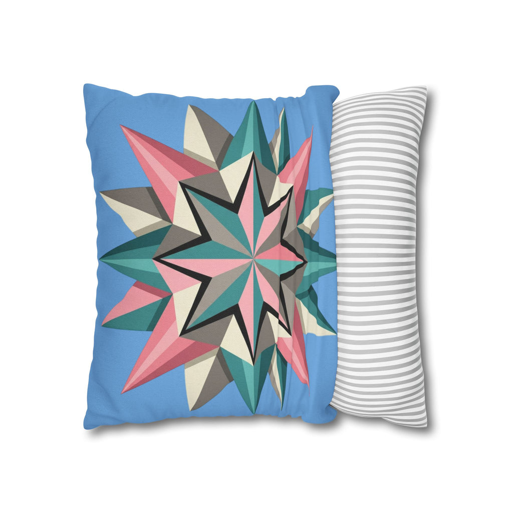 Geometric Starburst Throw Pillowcase – Pastel Compass Design on Sky Blue