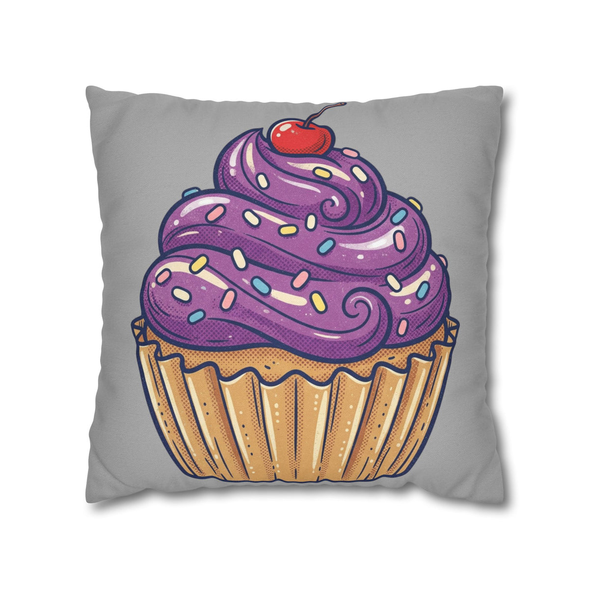 Cupcake Cushion Cover — Purple Frosting Dessert Pillowcase- Light Grey