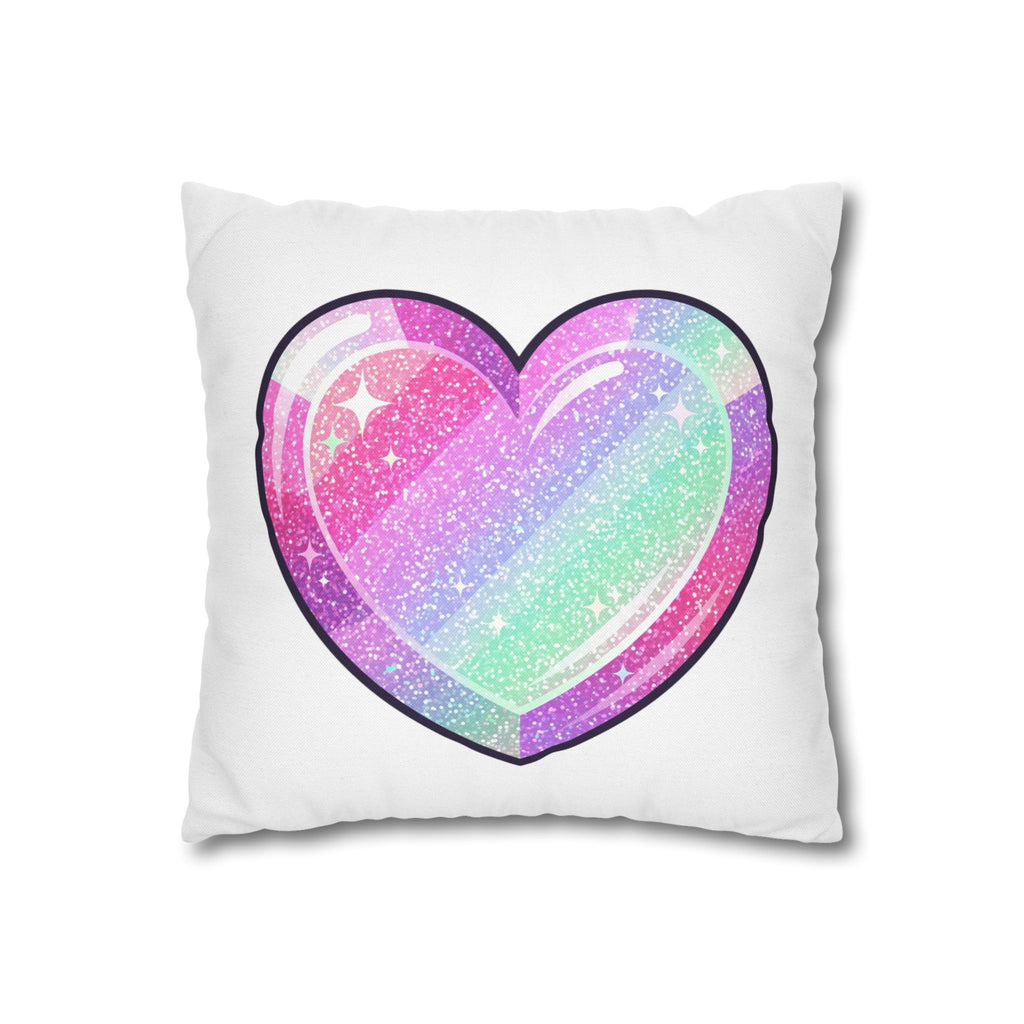 Pastel Glitter Heart Pillowcase — Cute Rainbow Sparkle Decorative Throw Pillow- White