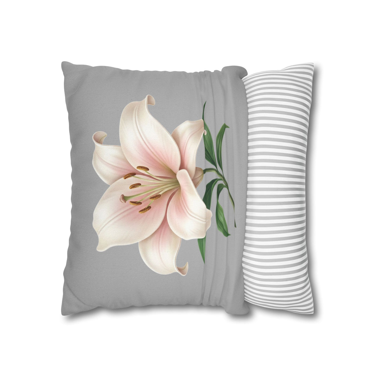 Floral Lily Throw Pillowcase — Pink Lily on Gray Decorative Cushion Cover