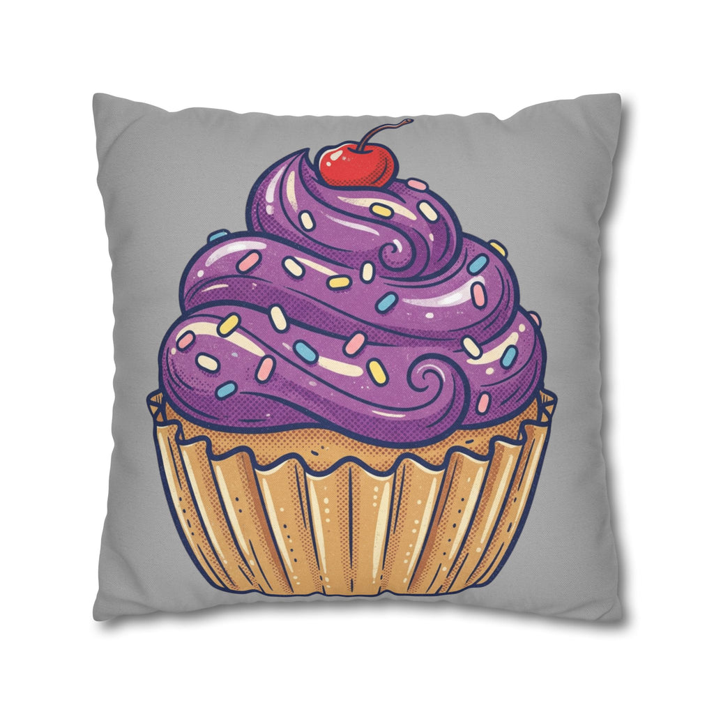 Cupcake Cushion Cover — Purple Frosting Dessert Pillowcase- Light Grey