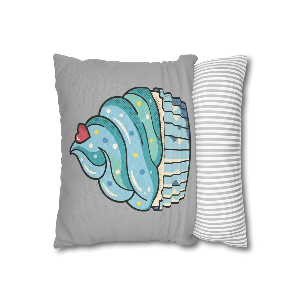 Cupcake Pillowcase — Cute Blue Dessert Decorative Throw Pillow- Light Grey
