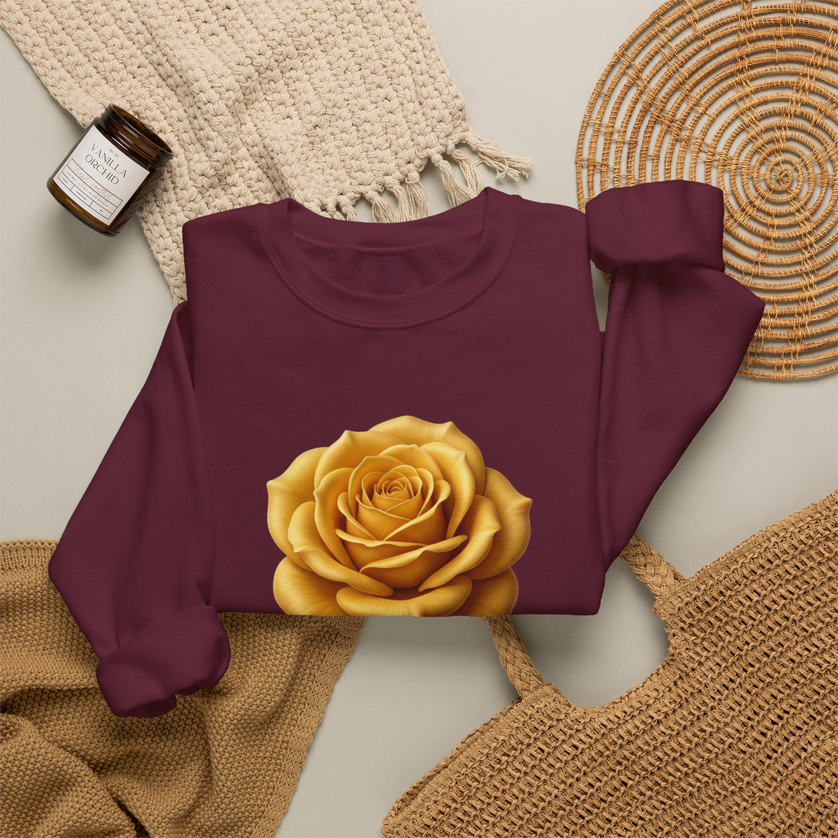 Yellow Rose Crewneck Sweatshirt — Vintage Floral Graphic