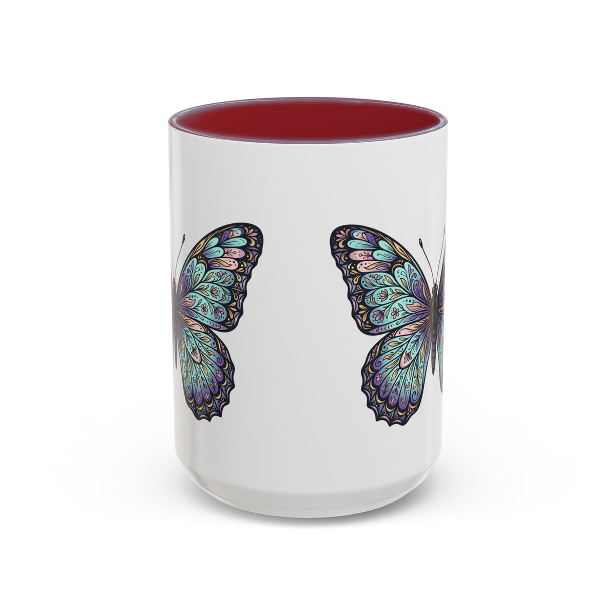 Butterfly Accent Coffee Mug — Teal Mandala Wing Design (11/15oz)